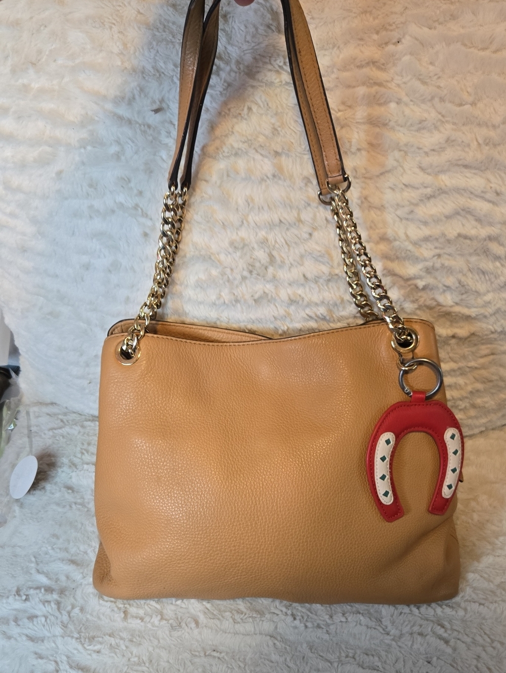 Michael Kors Pebbled Tan Shoulder Bag with Red Charm